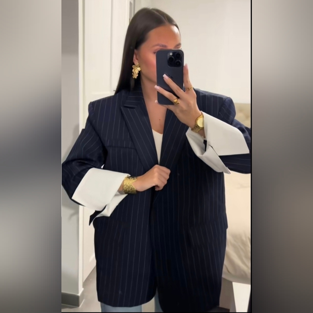 Zara NWT Oversized Pinstripe Blazer Navy Blue Size XS/S